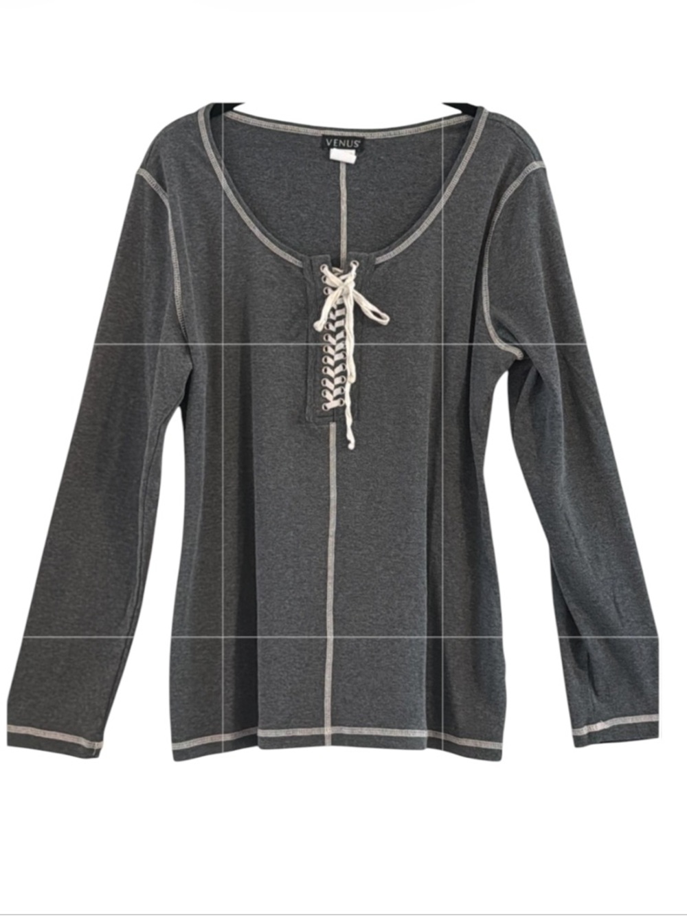 Venus Gray Knit Lace-Up Long Sleeve Top Contrast Stitch Size L